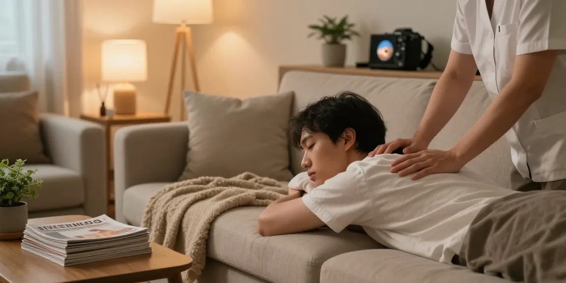 Relaxing atmosphere of 출장안마 service in a cozy home setting, showcasing professional therapist and soothing ambiance.