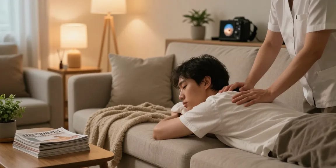 Relaxing atmosphere of 출장안마 service in a cozy home setting, showcasing professional therapist and soothing ambiance.