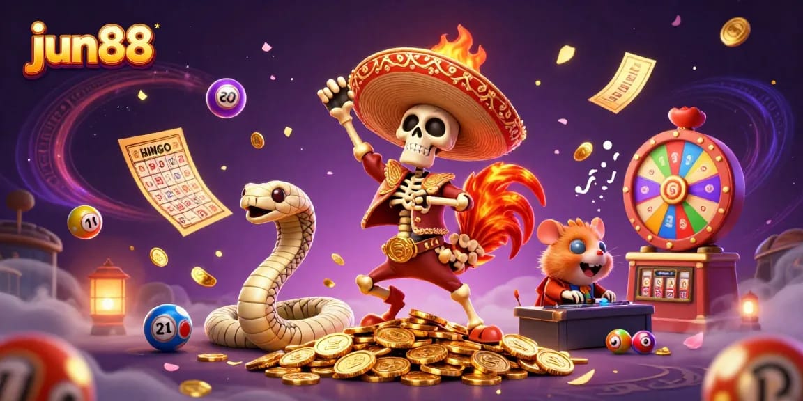 jun88 celebrates with a mariach skeleton and a mummy snake at a vibrant casino scene filled with luck.