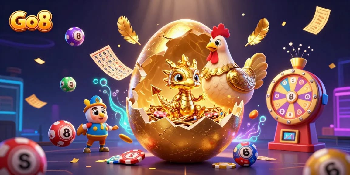 Engage with the fantastic world of Go8 as a golden dragon guards its treasure amidst colorful gaming elements and vibrant visuals.