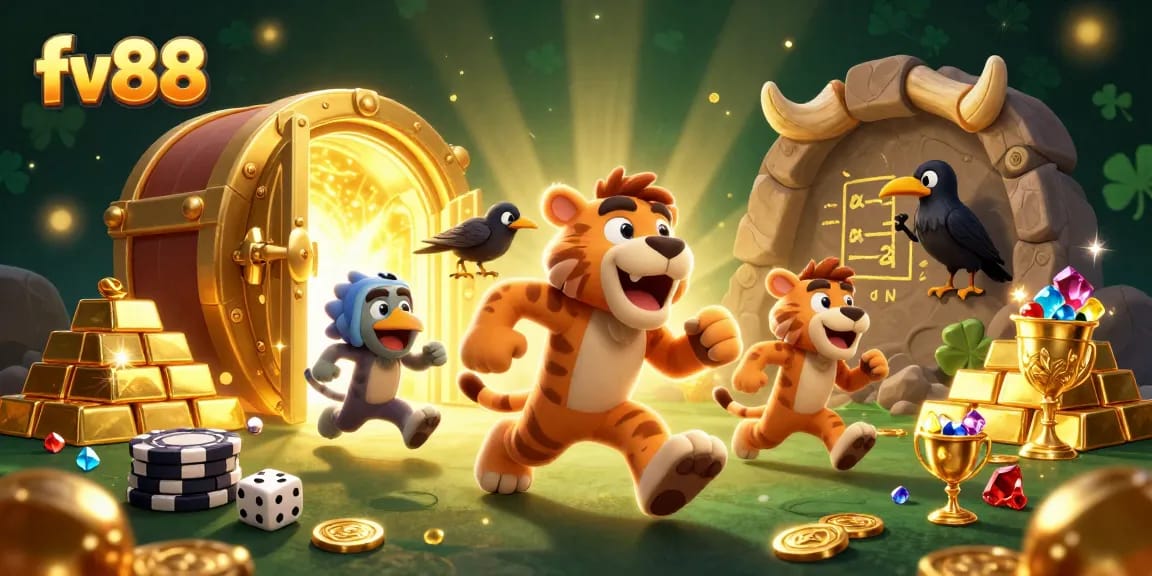 Experience the thrill of gaming with fv88, featuring a prehistoric casino scene with treasure and vibrant characters.