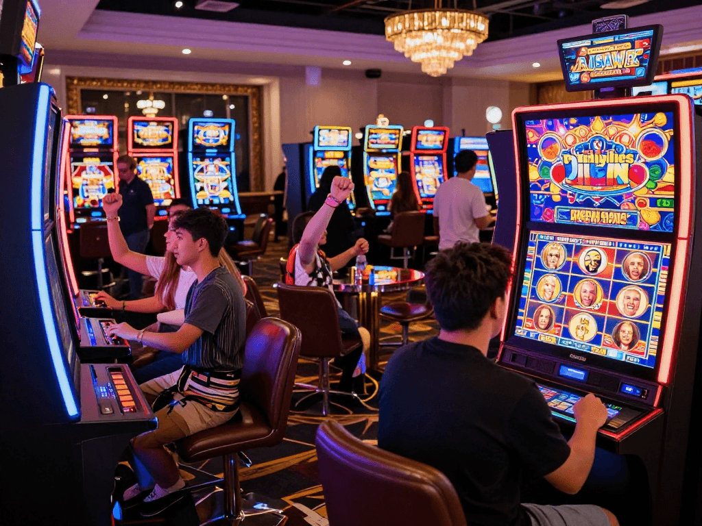 Excited players celebrating a slot jackpot win at a colorful casino.