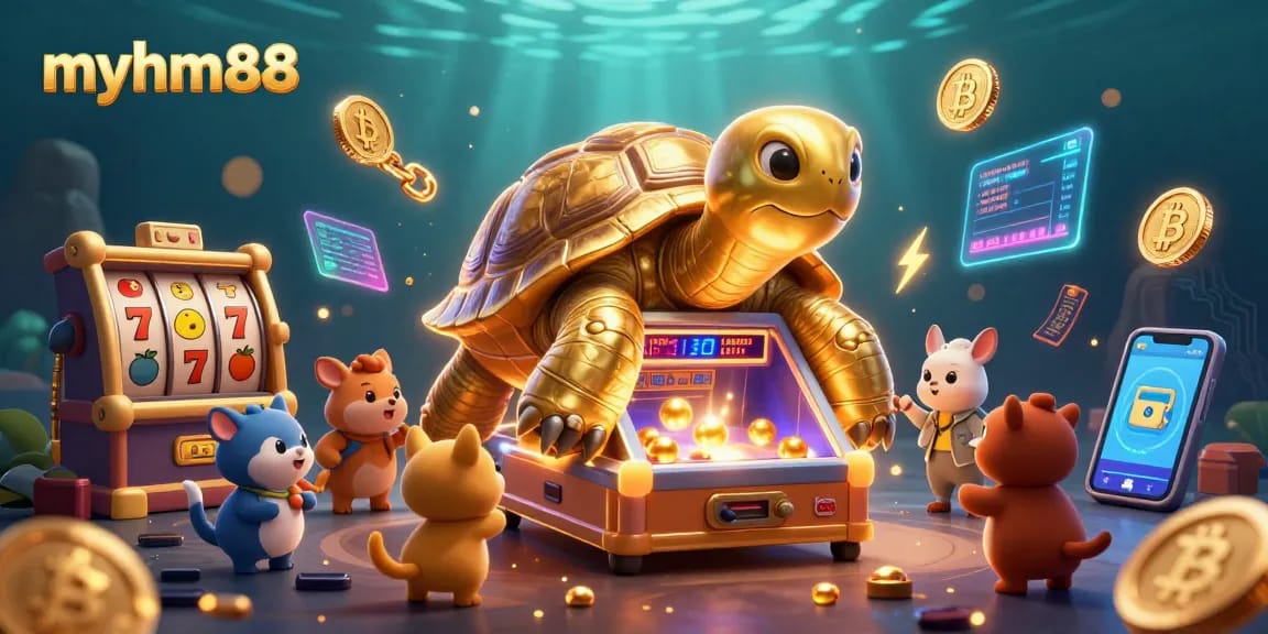 Play exciting slot games at myhm88 with vibrant characters and glowing crypto elements.