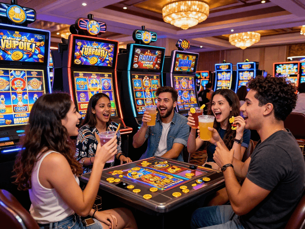 A group of friends celebrating a slot jackpot win in a vibrant casino.