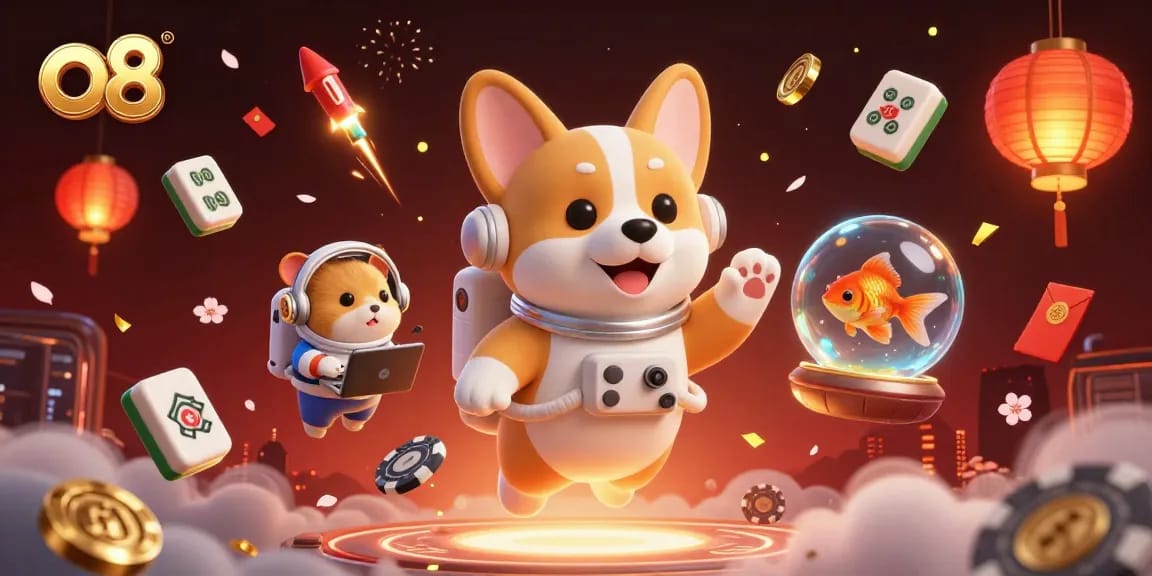 o8 promotes thrilling casino adventures with a 3D corgi, hamster, and goldfish in a dynamic scene.