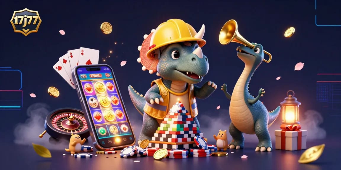 Build excitement with 17j77 as a triceratops constructs a poker chip pyramid in this vibrant scene.