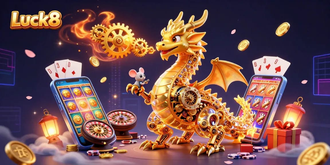 Engage with Luck8's thrilling casino experience depicted in a vibrant 3D scene of a dragon with gold gears.