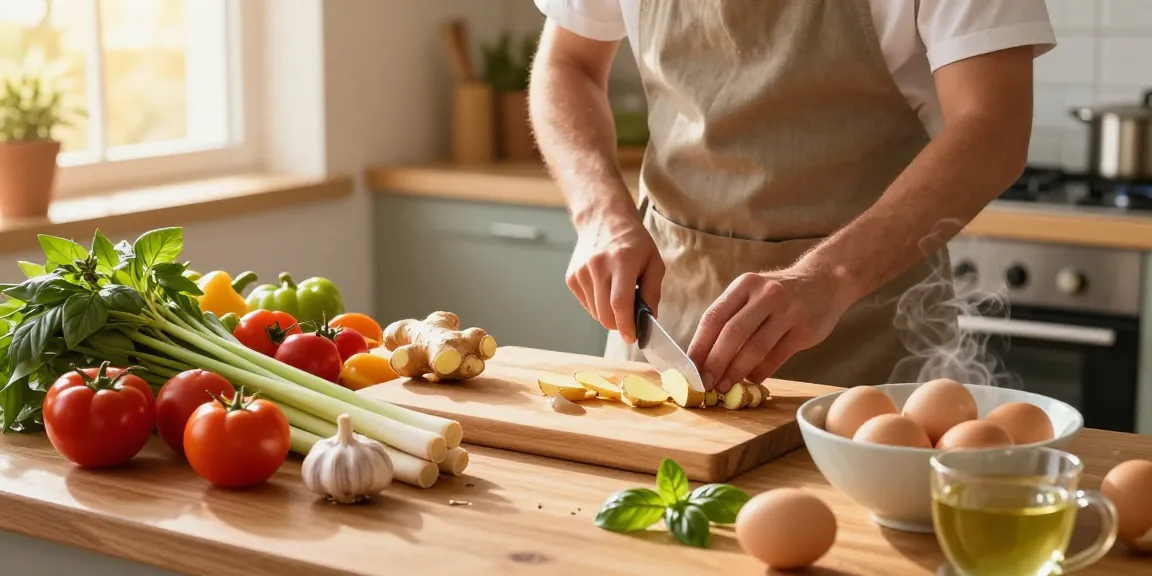 Exciting kitchen scene with a chef preparing fresh ingredients, highlighting the benefits of สล็อต in healthy cooking.