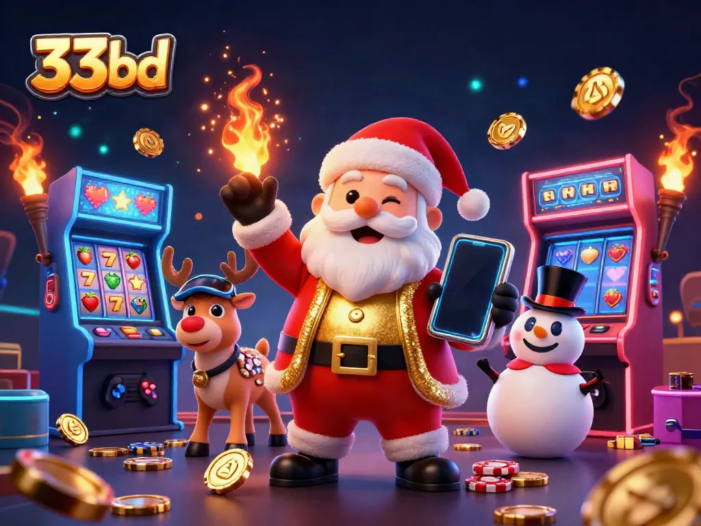 Experience thrilling slots at 33bd with Santa Claus and friends in a vibrant casino illustration.