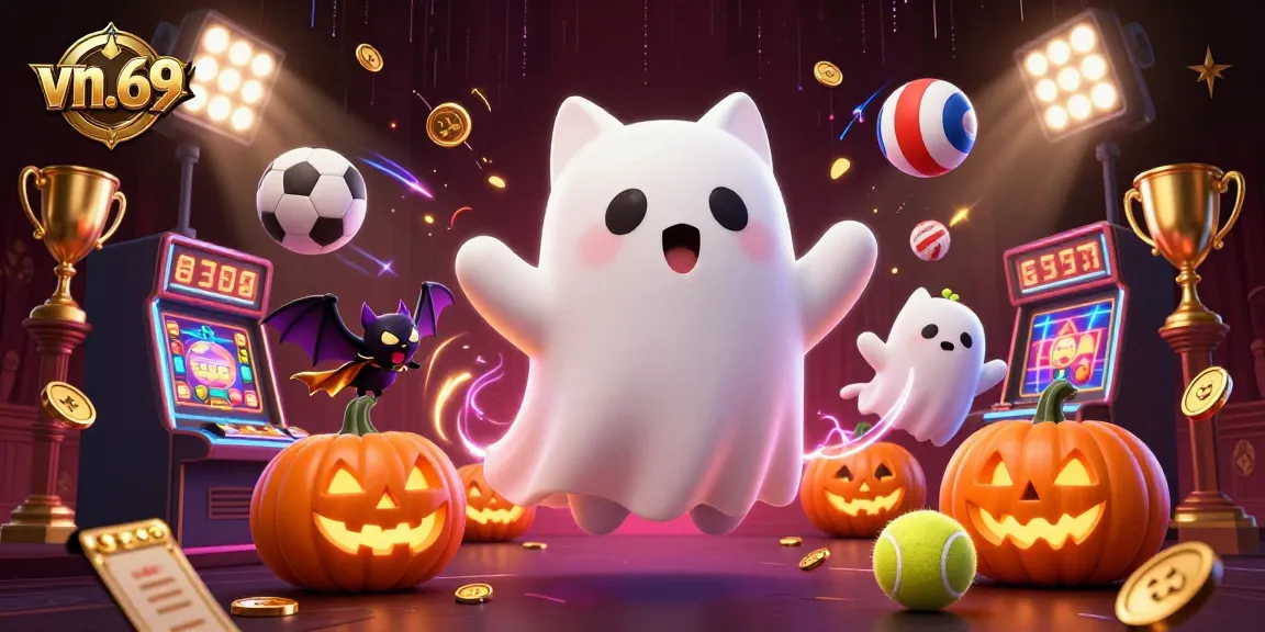 Enjoy exciting games with vn.69, featuring a lively ghost cat and vampire bat in a vibrant casino scene.
