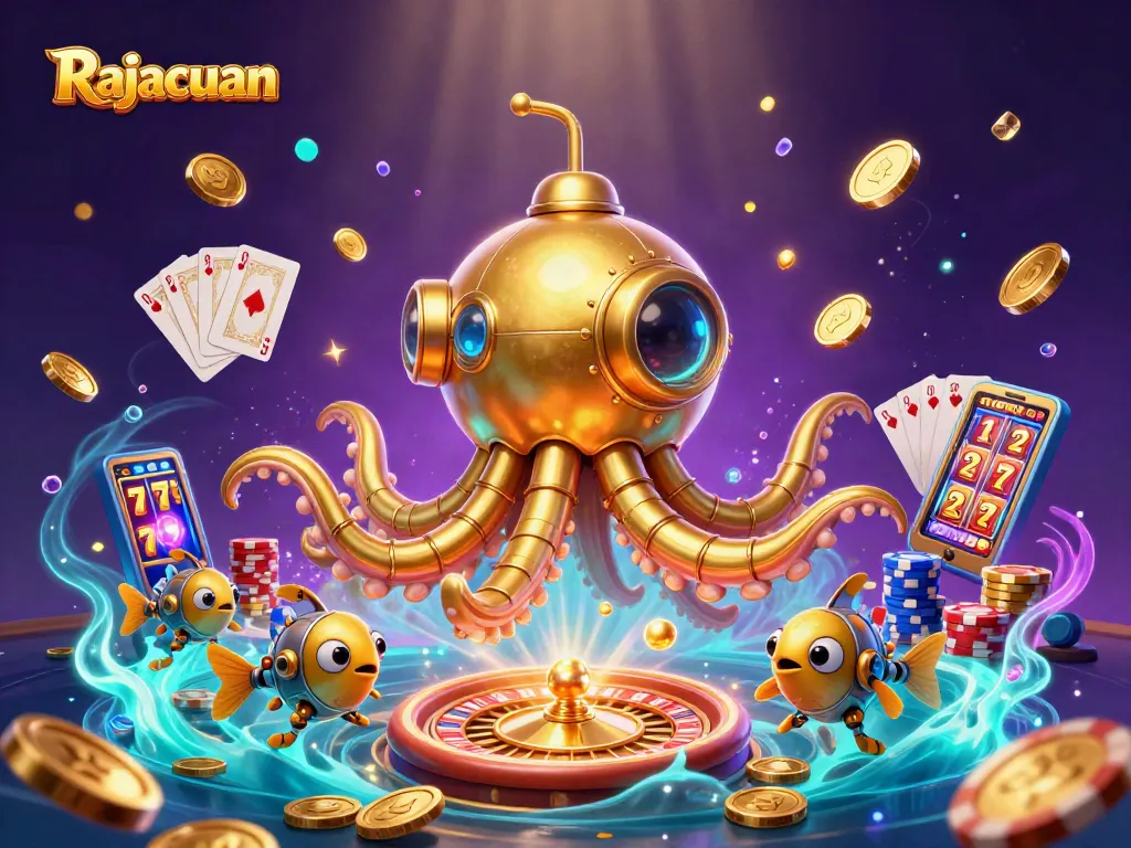 Rajacuan reveals a vibrant underwater casino scene with golden kraken and coins cascading.