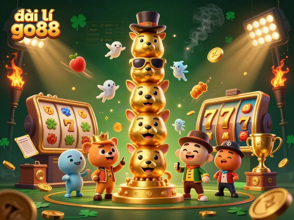 Engage with đại lý go88 showcasing a vibrant 3D casino scene filled with dynamic slot reels, golden trophies, and animated casino elements.