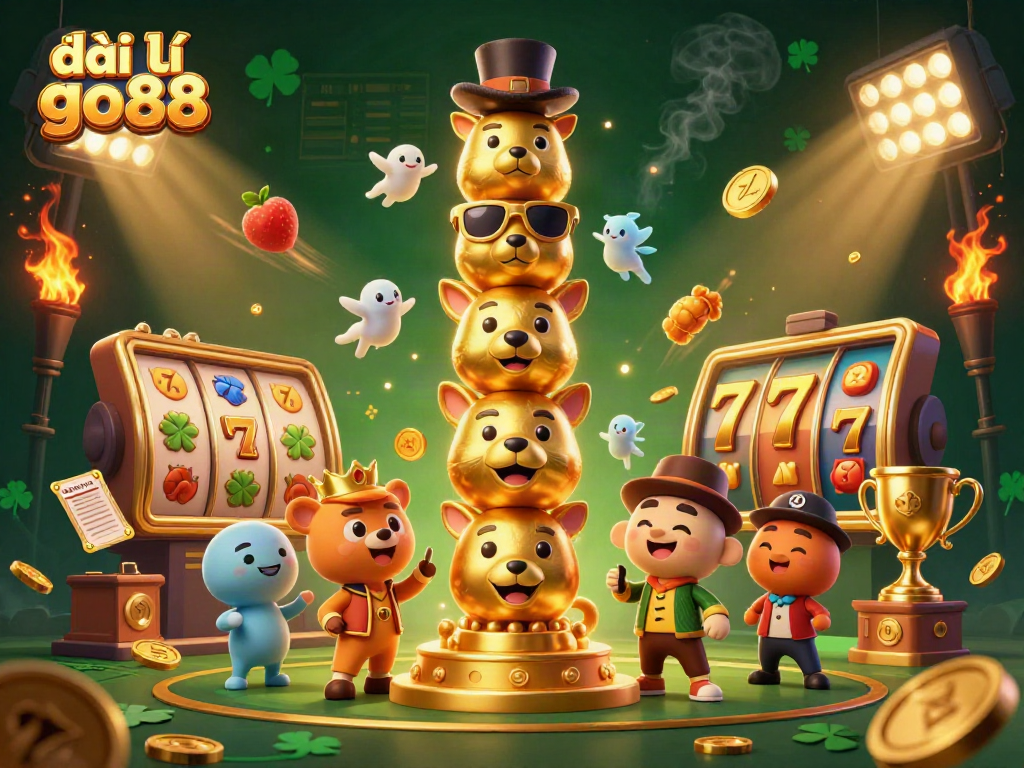 Engage with đại lý go88 showcasing a vibrant 3D casino scene filled with dynamic slot reels, golden trophies, and animated casino elements.