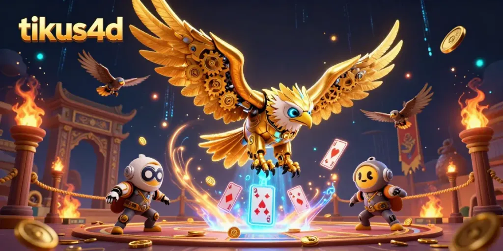 Engage in thrilling gameplay with tikus4d, featuring an eagle soaring through holographic cards in a dynamic gaming scene.