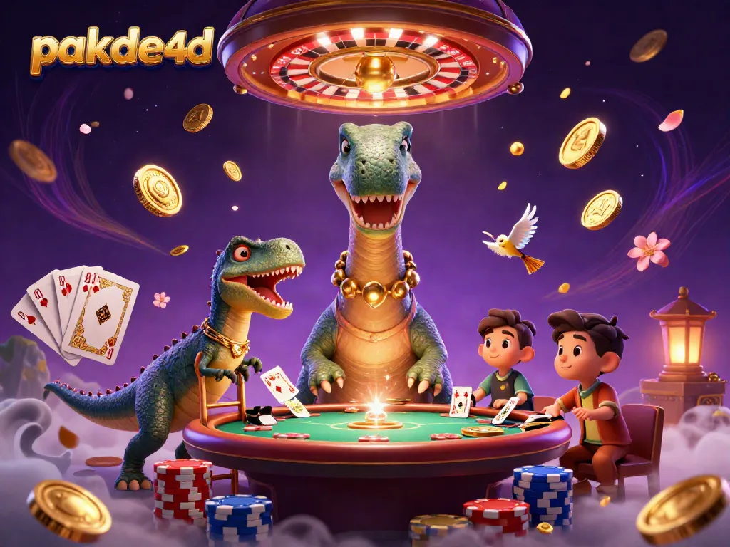 Experience thrilling lottery action with pakde4d, as a dinosaur oversees a vibrant casino scene.
