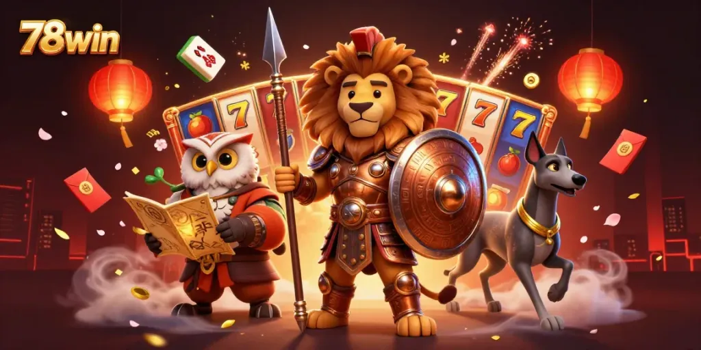 Experience the thrilling realm of 78win with dynamic 3D characters amidst spinning slot reels and vibrant casino elements.