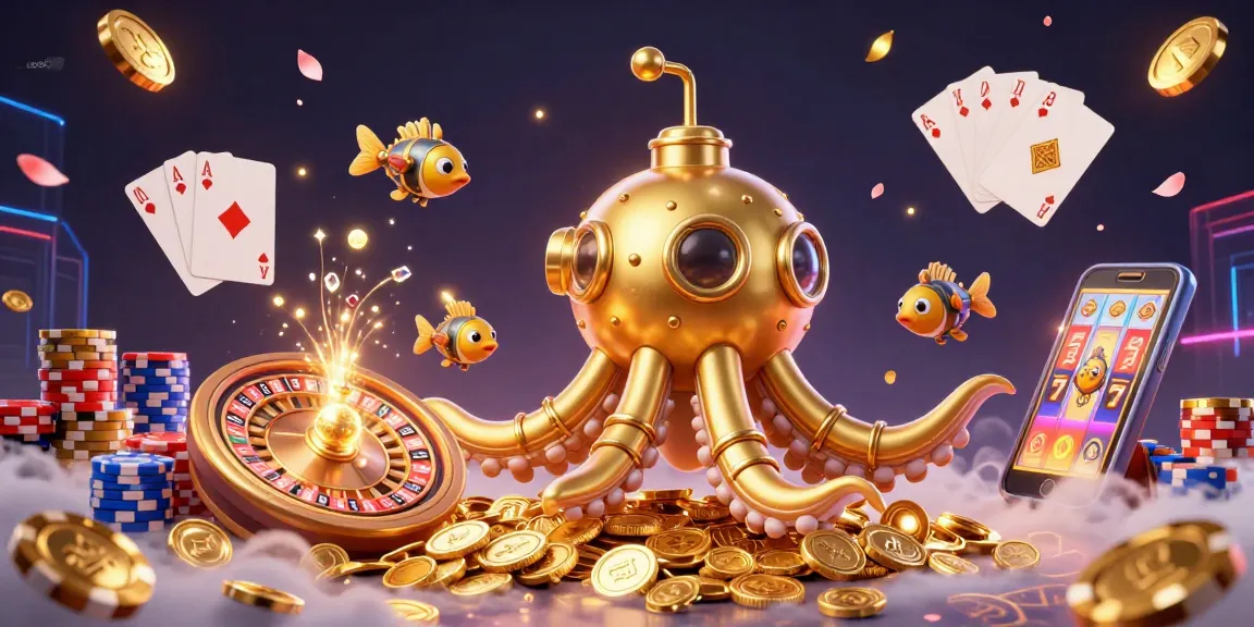 Immerse in the vibrant world of soikeo with an ultra-detailed illustration showcasing a kraken submarine amidst golden casino elements.
