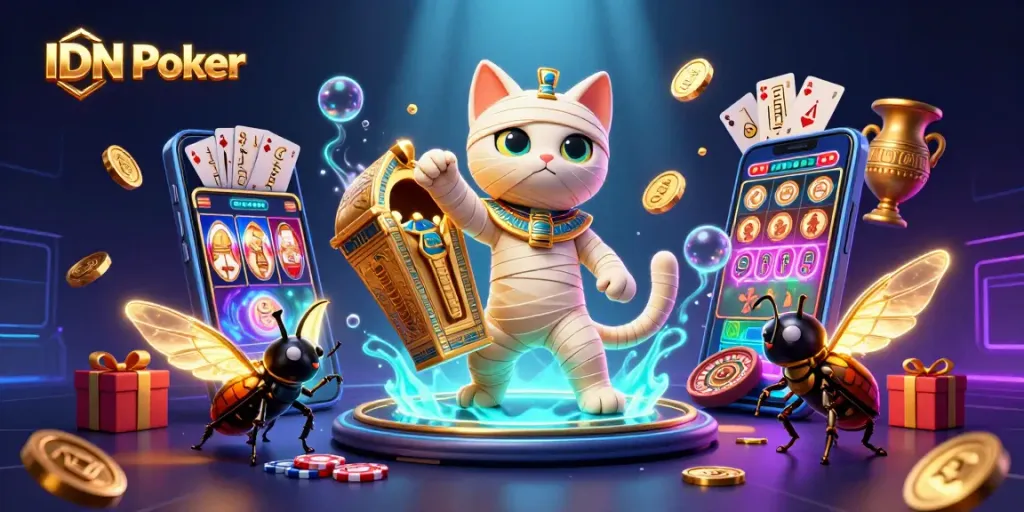 IDN Poker showcases an Egyptian mummy cat and scarab beetle in a vibrant casino scene.