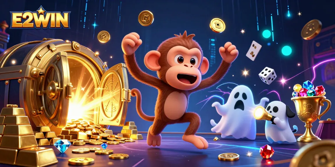 E2WIN captivates with vibrant games in a dynamic casino scene enriched with golden treasures and playful characters.