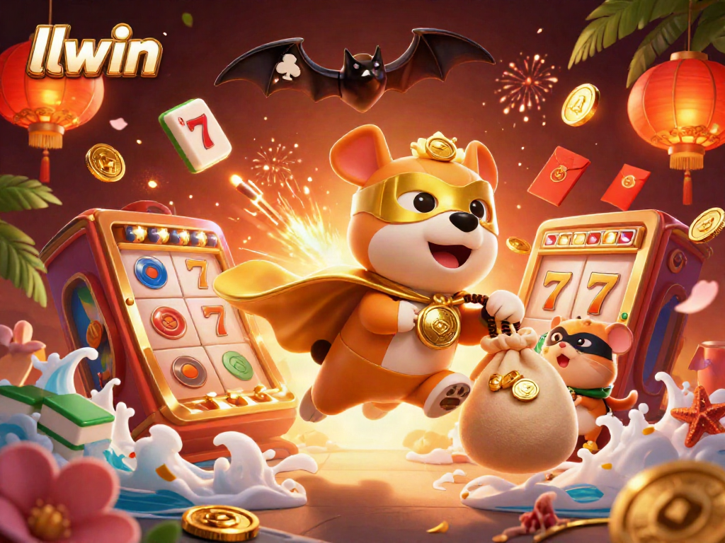 Engage with llwin as a superhero dog and sidekick hamster celebrate casino wins amidst dynamic slot reels.