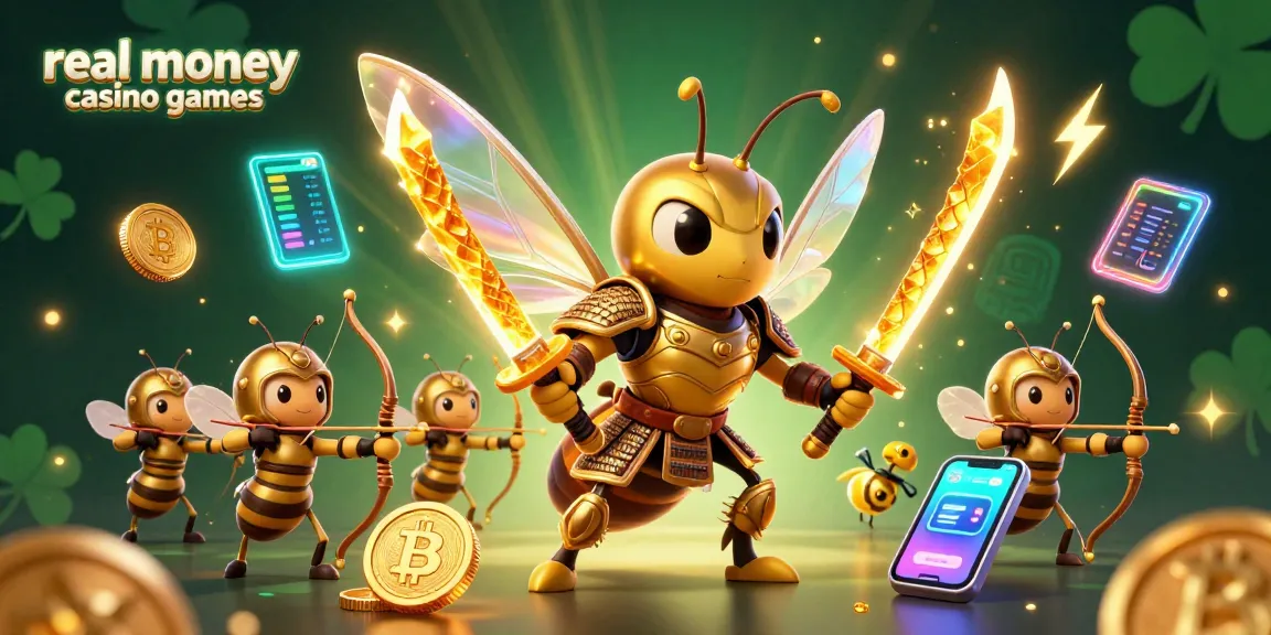 Engage with real money casino games through animated golden hornets and crypto elements in a dynamic scene.