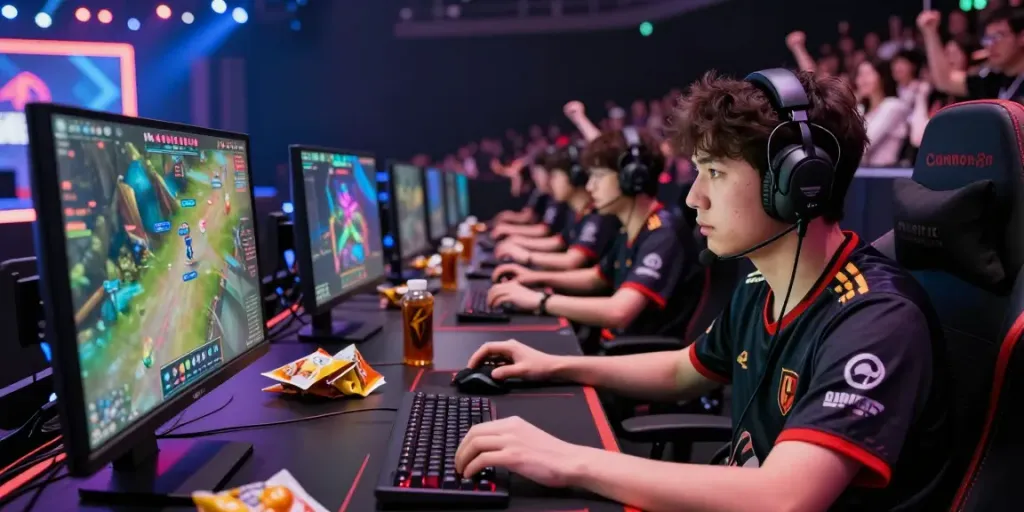 Người chơi game thi đấu trong không gian esports sôi động tại f168, ánh sáng rực rỡ và khán giả hùng hậu.