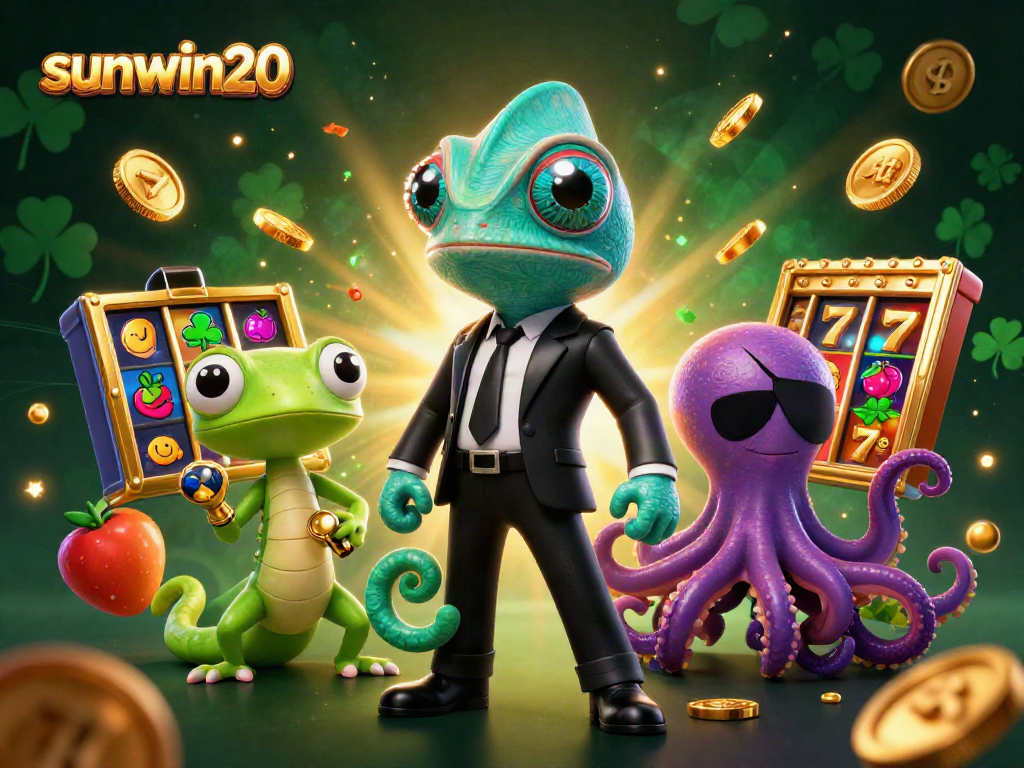 Experience exciting gaming with sunwin20 featuring a colorful 3D casino scene, vibrant slot reels, and dynamic characters.