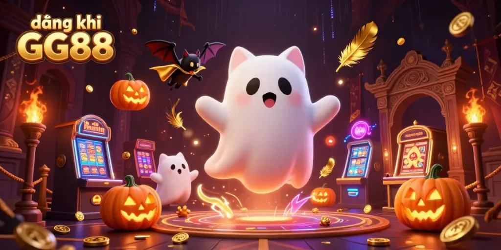 Engage with the vibrant atmosphere of đăng ký GG88 as a ghost cat and bat explore a haunted casino.
