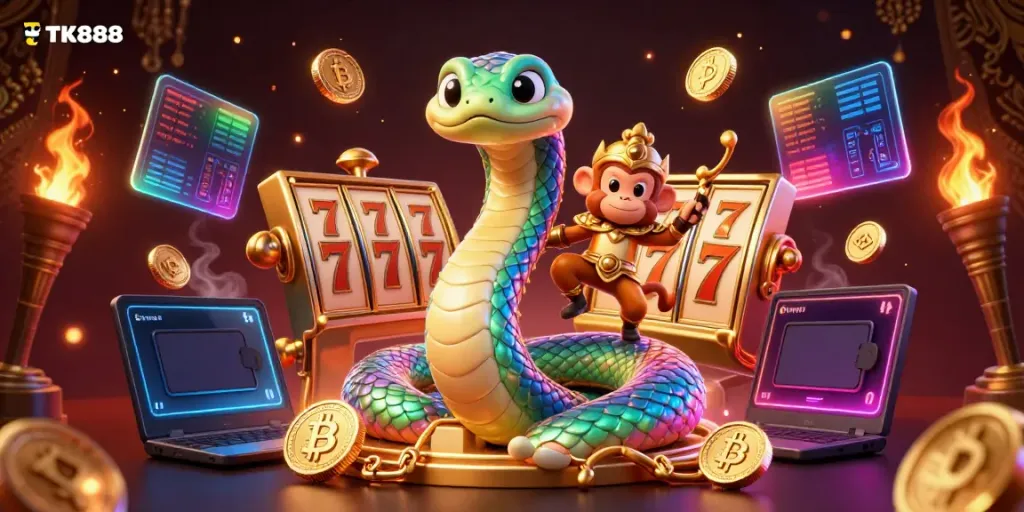 Engage with TK888, the vibrant online casino, featuring a playful monkey king and rainbow serpent amidst winning slot symbols.