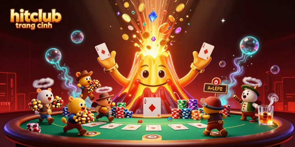 Exciting gaming scene showcasing hitclub trang chính with a lively golden volcano and poker game elements in action.