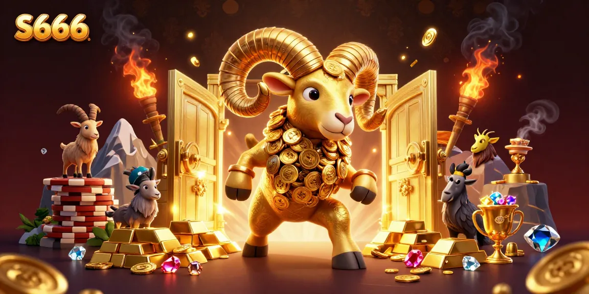 S666 offers thrilling casino action with a massive golden ram charging through treasures in a vibrant gaming atmosphere.
