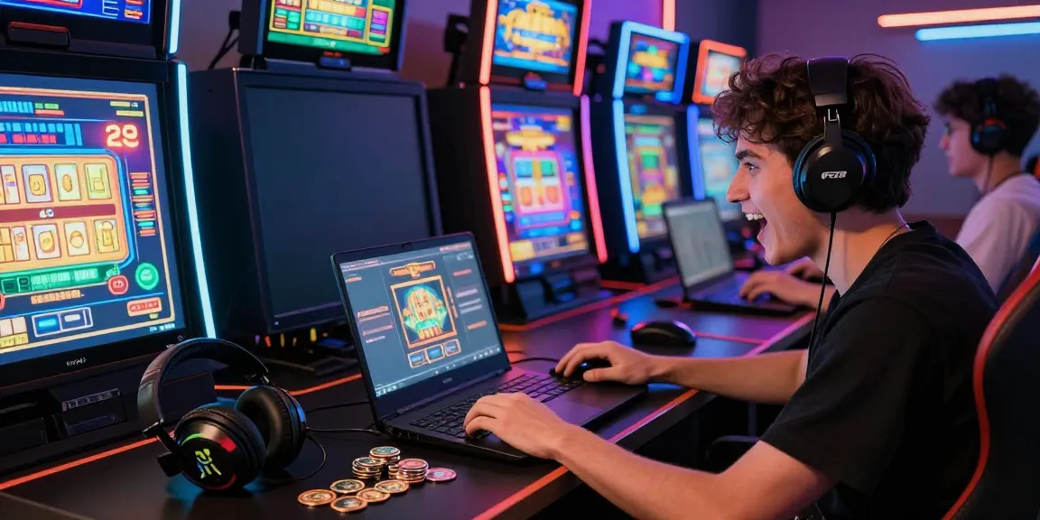 Permainan judi slot online di laptop dengan grafis cerah dan peralatan gaming yang menarik.