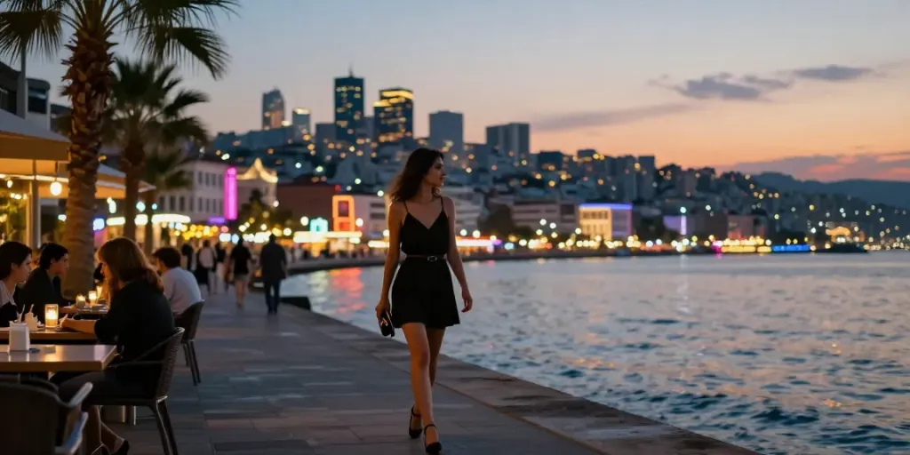Vibrant Izmir bayan escort experience with stylish woman by the waterfront at dusk.