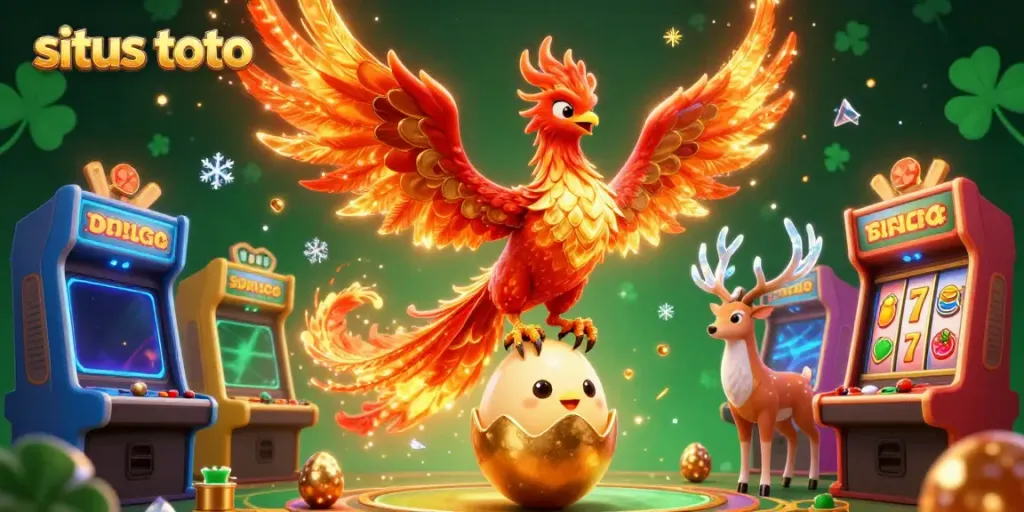 Situs toto showcasing vibrant casino experience with a phoenix and baby phoenix hatching in a dynamic scene.