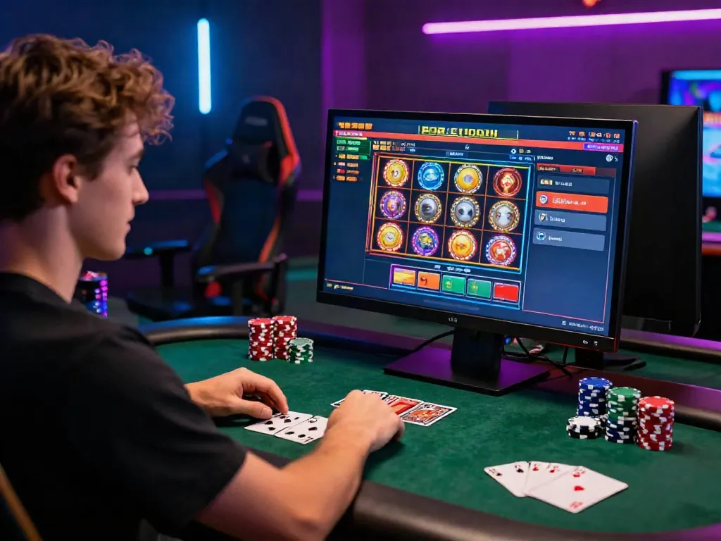 Enthusiastic player at casinos that accept credit card engaging with colorful online slot game interface
