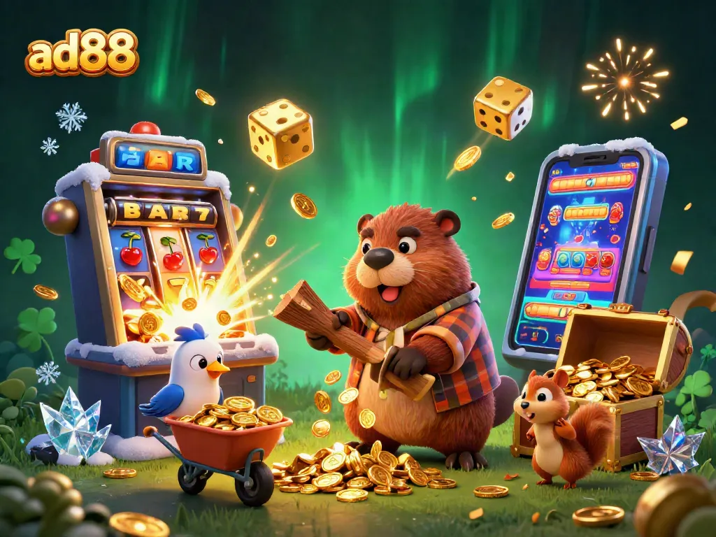 Experience ad88's exciting jackpot action with animated beaver, bird, and squirrel amidst shimmering casino treasures.
