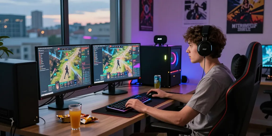 Engaged gamer using lavowin login on multiple monitors during an online session.