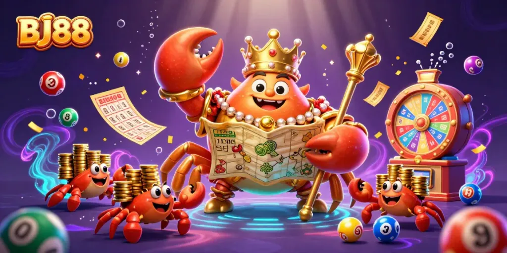 Bettors engage with vibrant lottery elements in a BJ88-inspired scene filled with excitement and detail.