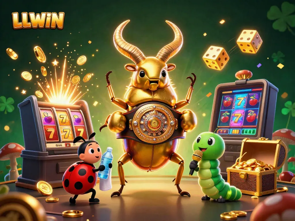 Experience excitement at LLWWIN casino with a vibrant 3D scene featuring colorful gaming elements and dynamic characters.