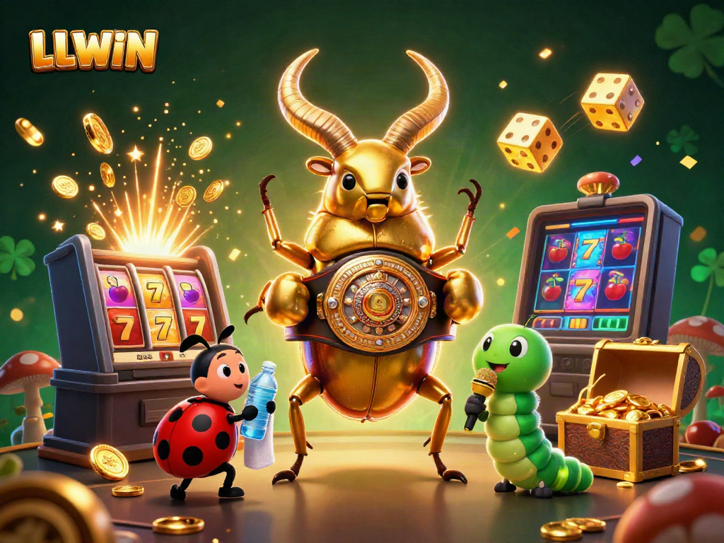 Experience excitement at LLWWIN casino with a vibrant 3D scene featuring colorful gaming elements and dynamic characters.