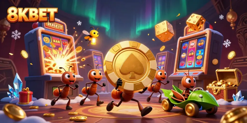 8KBET ants carrying a giant golden poker chip amidst a vibrant casino scene.