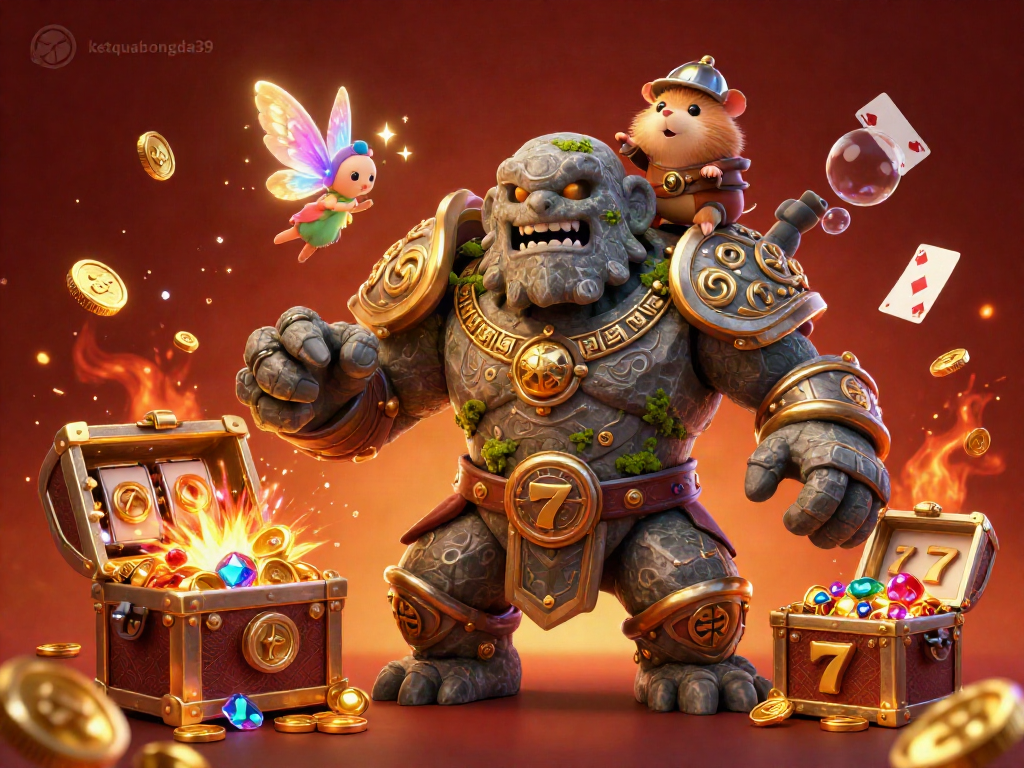 Experience the thrill of betting with ketquabongda39 featuring a vibrant scene of characters surrounded by spinning slots and treasure.