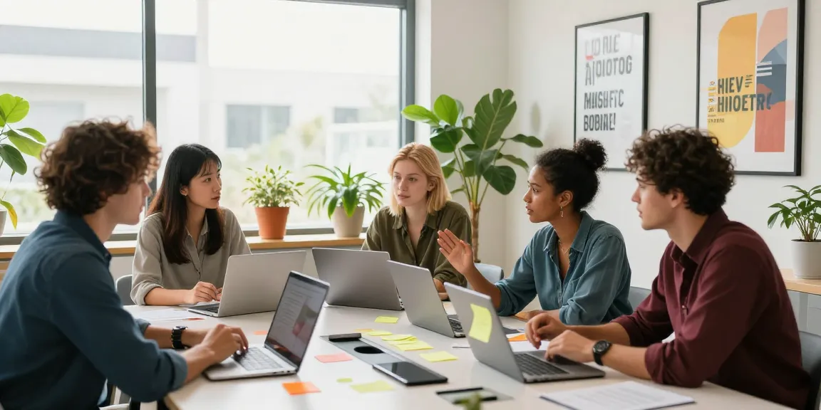Motchill collaboration in a vibrant coworking space with diverse professionals brainstorming together.
