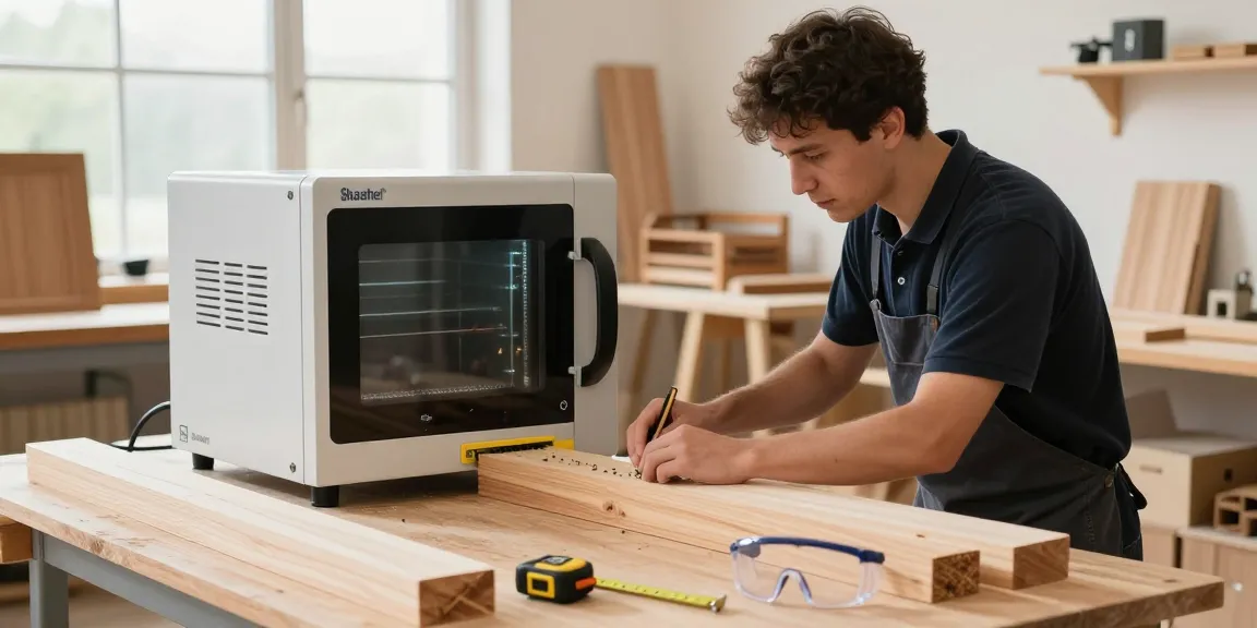 Shashel microwave device in action treating wood for woodworm pests in a bright workshop