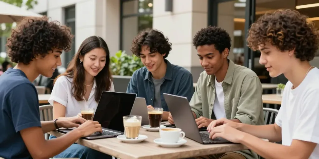 Group of young friends enjoying drinks while using devices in rokok88 café setting.