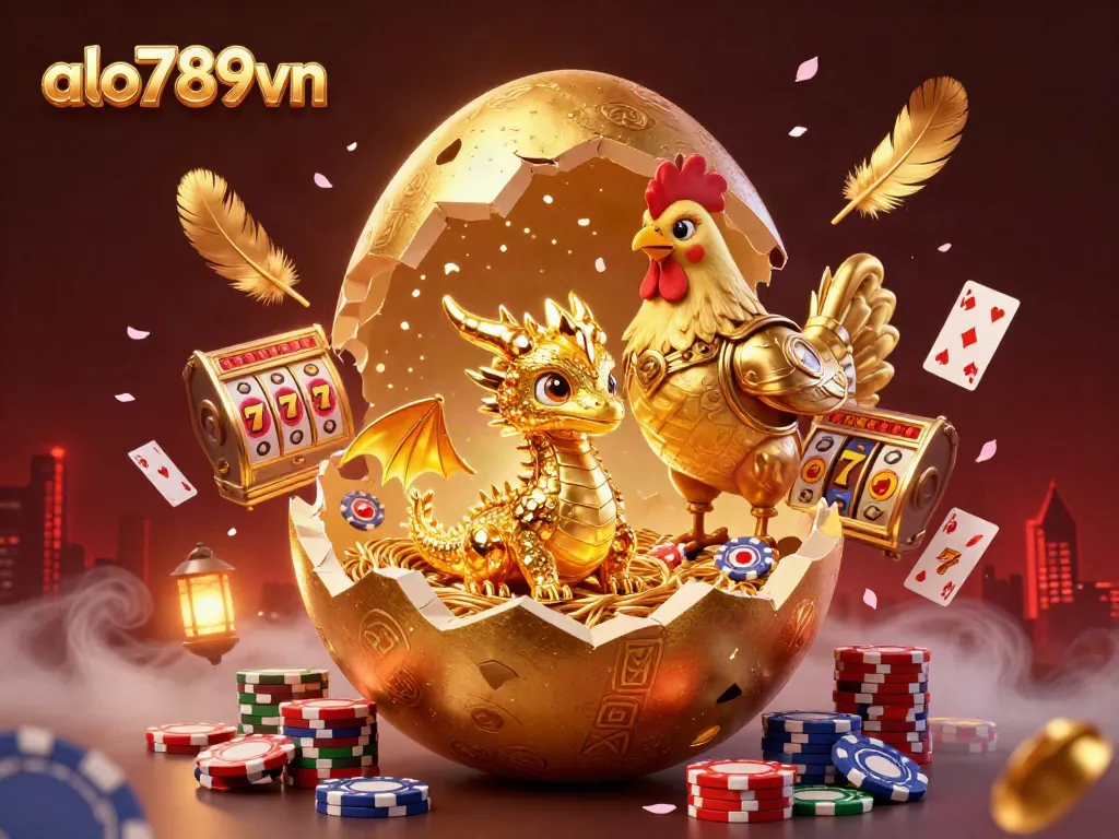 Experience action at alo789vn with a golden baby dragon, poker chips, and glowing slot elements.