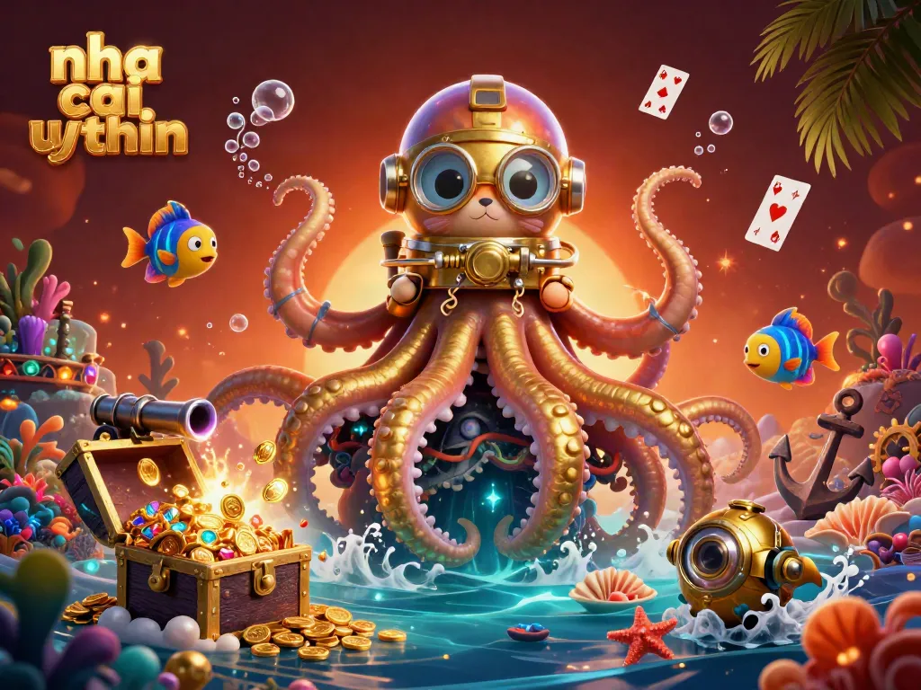 Experience the thrill of nha cai uy tin with a kraken, diving cat, and deep-sea fish in an underwater treasure scene.