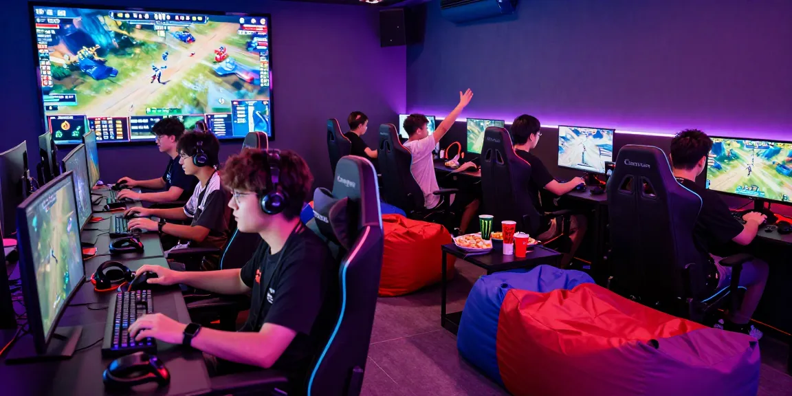 Exciting F168 gaming tournament scene with players and monitors in neon-lit lounge.