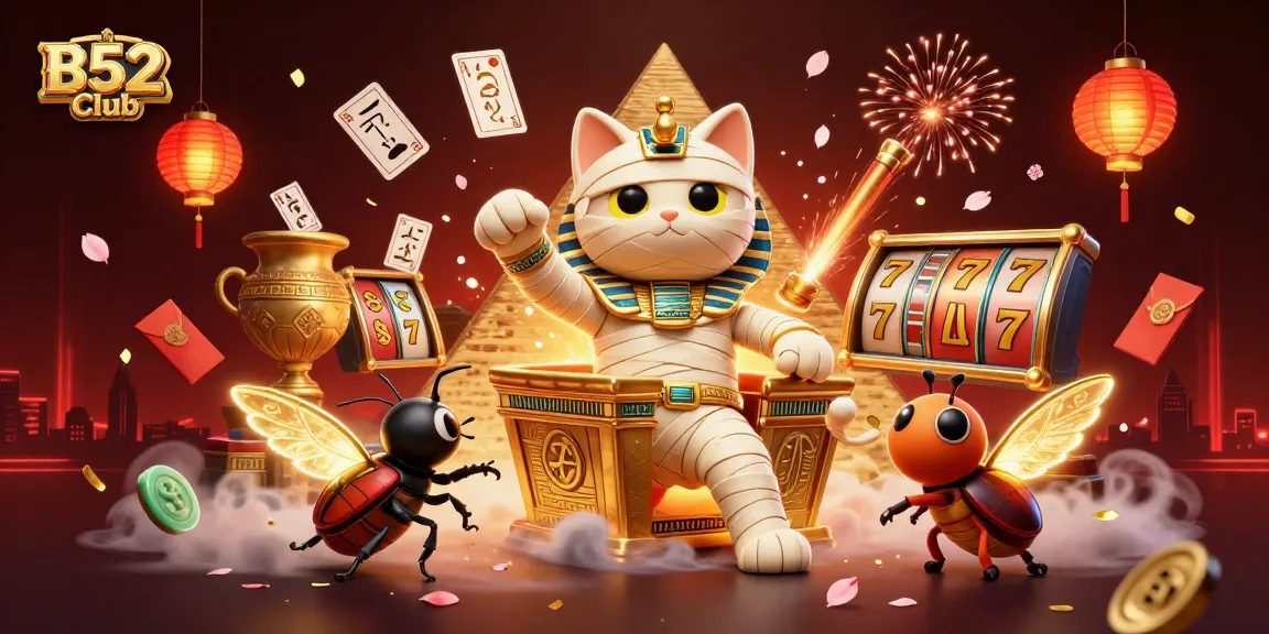 Engage in exciting games at B52club featuring slot reels and vibrant casino elements.