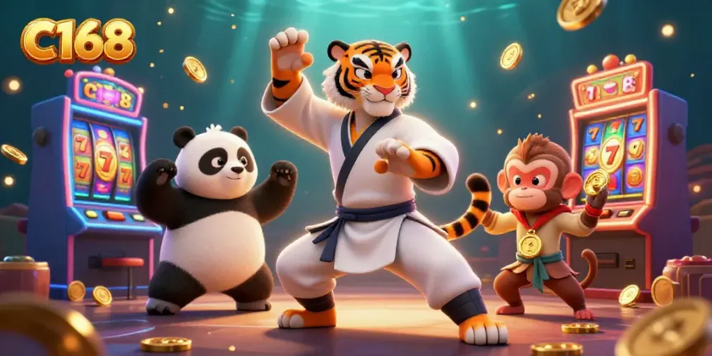 Experience thrilling slots at C168, with expert guidance from energetic characters in a vibrant casino.